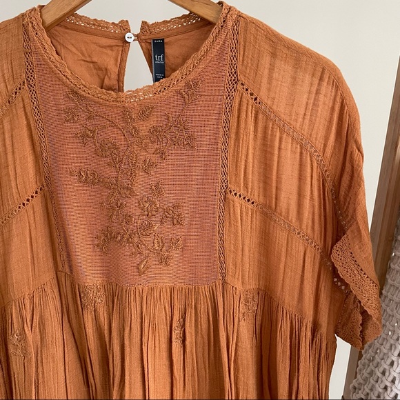 ✨SOLD✨ Zara Embroidered Crochet Romper Mini Dress in Burnt Orange - XS - Picture 2 of 4